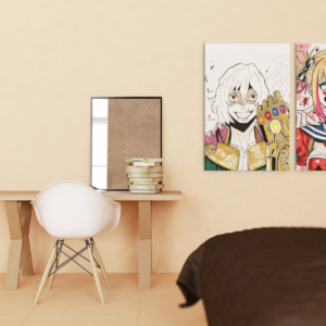 Tableaux manga personnalisés Tomura et Himiko dans une décoration intérieure moderne, fusion entre My Hero Academia et les Comics.