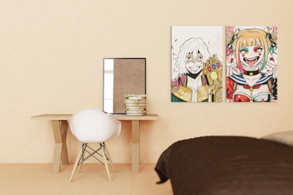 Tableaux manga personnalisés Tomura et Himiko dans une décoration intérieure moderne, fusion entre My Hero Academia et les Comics.